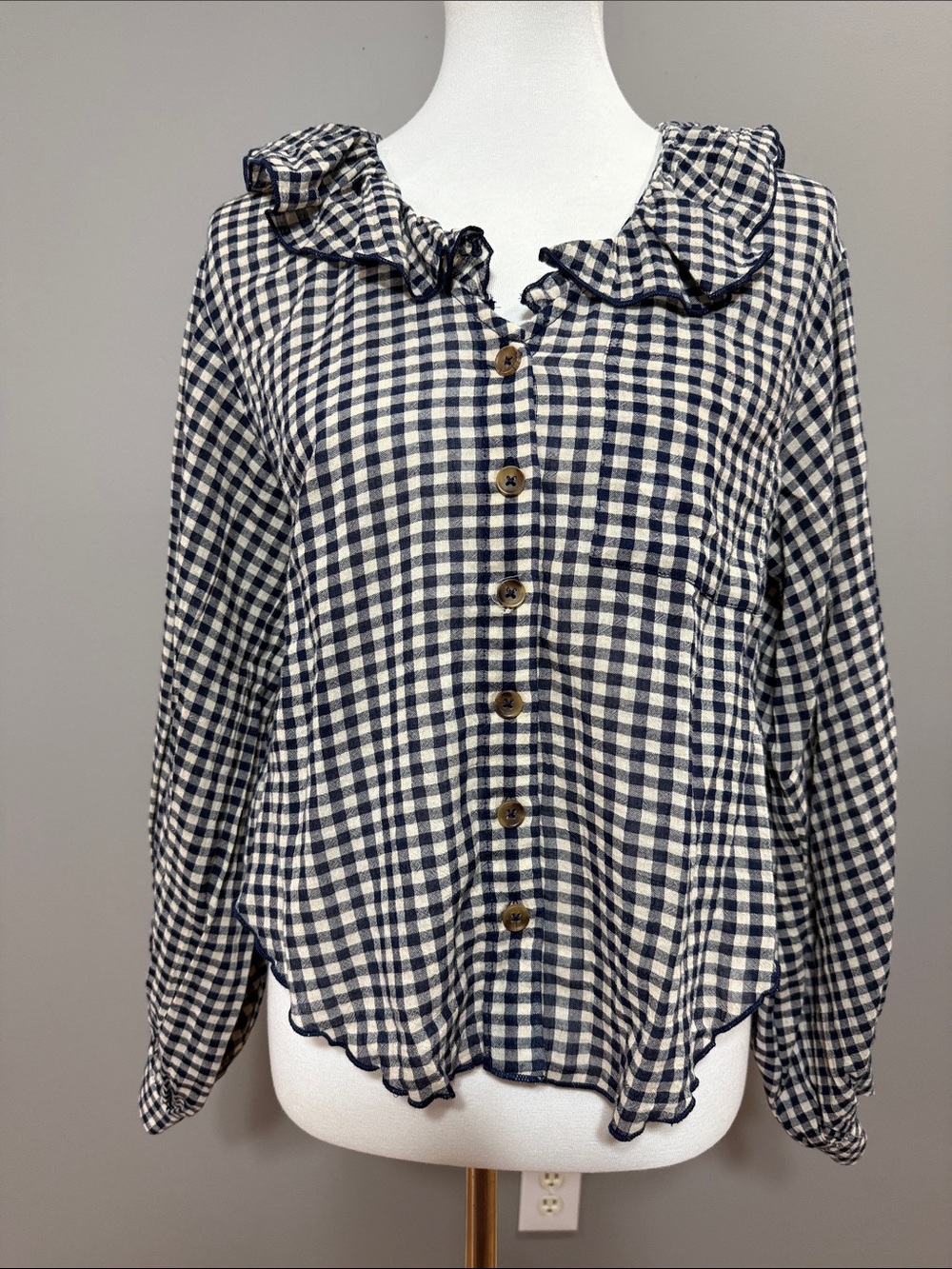 Pilcro Navy and Cream Remy Ruffle Collar Button Down Shirt Blouse